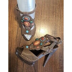 Steve Madden Trezure Beaded Platform Heels 5.75” Heel Wrap Straps Boho Size 8.5